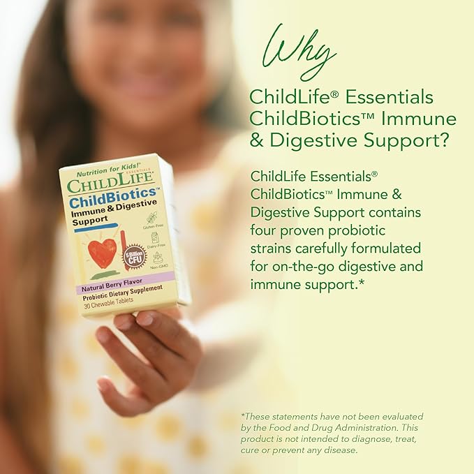 CHILDLIFE ESSENTIALS Childbiotics Immune &amp Digestive Support - Kids Probiotic Probiotics for Kids &amp Toddlers Childrens Chewable Probiotic for Gut Health - Natural Berry 30 Chewable Tablets