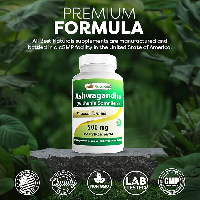 Best Naturals 3 Pack Ashwagandha Capsules for Relaxing Stress and Mood 500 mg 120 Count (Total 360 Capsules)