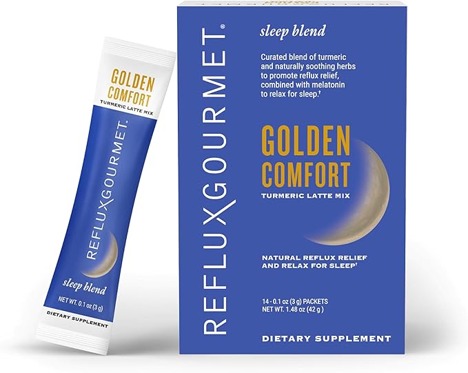 REFLUX GOURMET Golden Comfort Sleep Blend–Nighttime Reflux Relief &amp Sleep Aid–Turmeric Latte with Melatonin Gamma-Amino Butyric Acid (GABA) &amp L-Theanine–Enhanced Absorption 95% Curcuminoids–