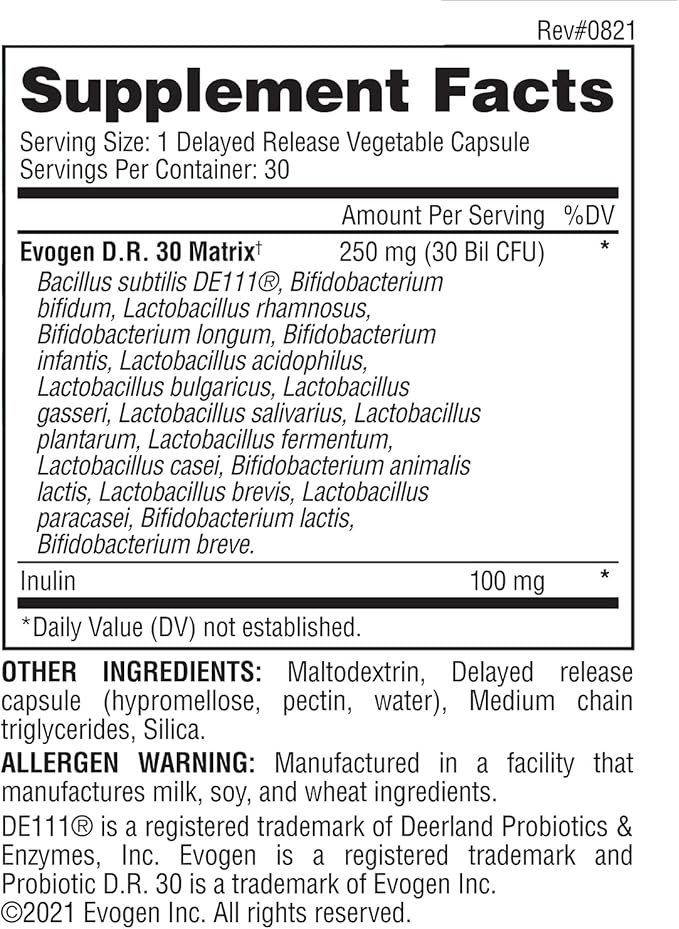 Evogen Probiotic D.R. 30 | Delayed Release Gut Flora Optimizer | Supports Immunity Digestion &amp Health | 30 Billion CFUs | 30 Capsules