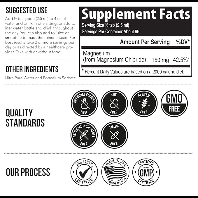 Liquid Magnesium | 8 oz - Ionic Magnesium Chloride Highest &amp Fastest Absorption - Calm Mood Sleep Muscle Cramps &amp Spasms Natural Laxative – Vegan Glass Bottle (96 Servings)