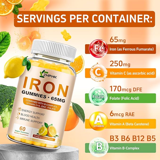 Iron Gummies Vitamin Supplement 65mg &amp Vitamin C 250mg per Serving with B6 B12 Folate- Energy Support for Iron Deficiency Anemia Vegan Orange &amp Lemon Flavor 120 Count