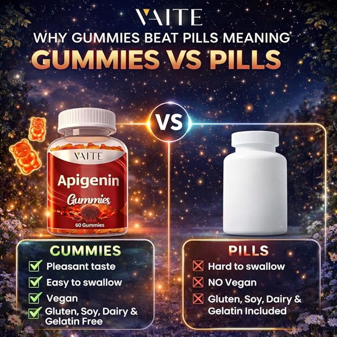 VAITE Apigenin Supplement 150mg - Chamomile Extract Vegan Gummies with Flavonoids Bioflavonoids &amp Polyphenols - Plant-Based Relaxation Support - Liposomal Calm Formula - Non-GMO Herbal Mood Balan