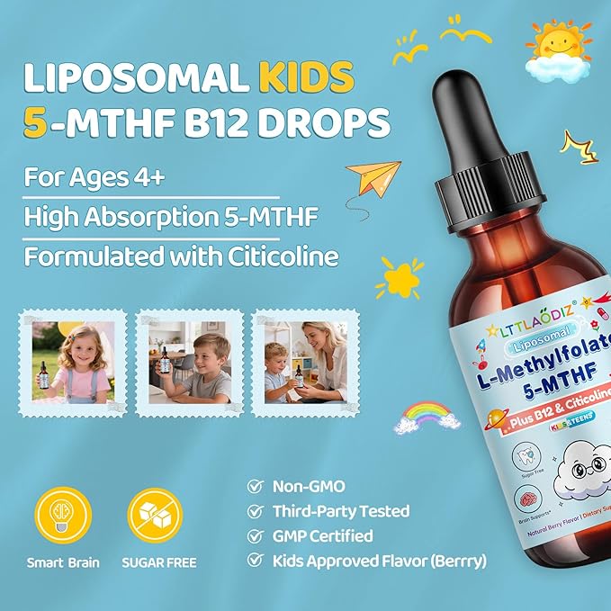 Liposomal L-Methylfolate 5-MTHF Liquid for Kids &amp Teens – High Absorption Methylated Folate with Citicoline &amp Methyl B12 – Supports Focus Clarity &amp Cognitive Development – Sugar-Free Berr