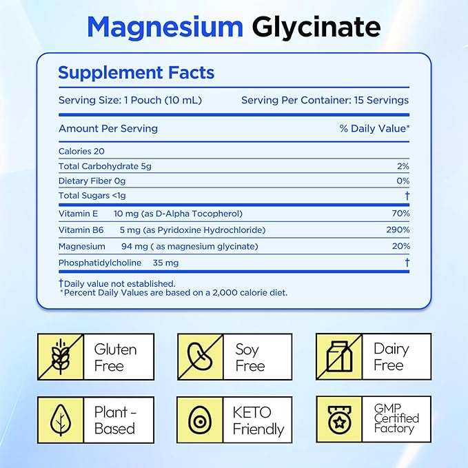 Magnesium Glycinate Liquid Pouches for Deep Sleep &amp Anxiety Relief Liposomal Magnesium Supplement with Vitamin B6 for High Absorption Brain Health Vanilla Cream 15 Pack