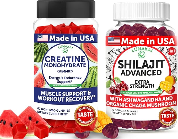 Lunakai USA Made Creatine &amp Shilajit Gummies Bundle – Recovery &amp Wellness Support – 60 Non-GMO Gummies Each