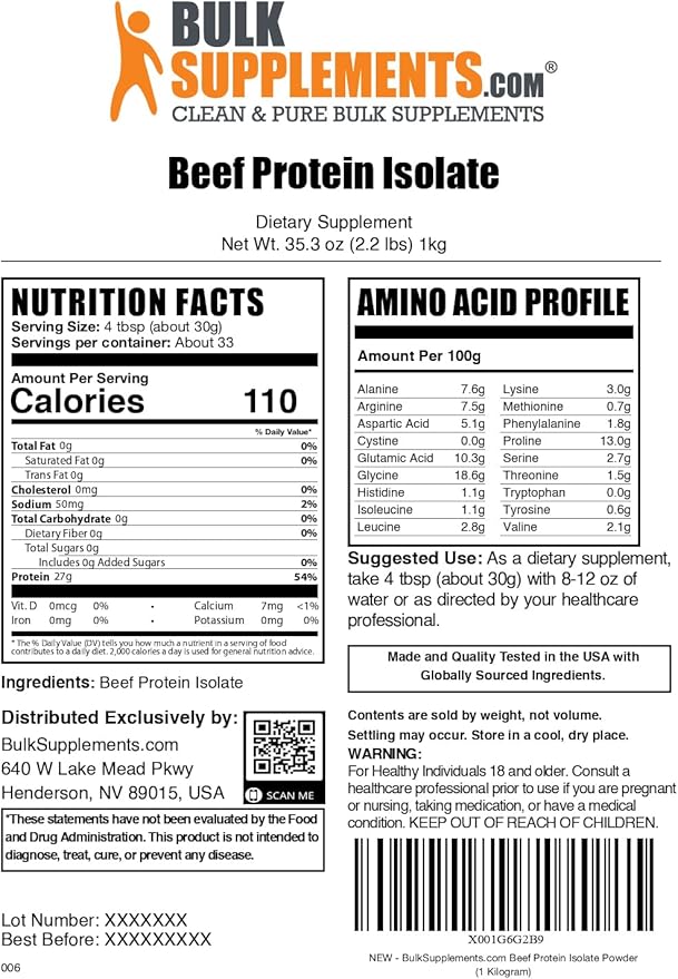 BulkSupplements.com Beef Protein Isolate Powder - Lactose Free Protein Powder Beef Protein Powder - Unflavored &amp Gluten Free 30g per Serving 1kg (2.2 lbs) (Pack of 1)