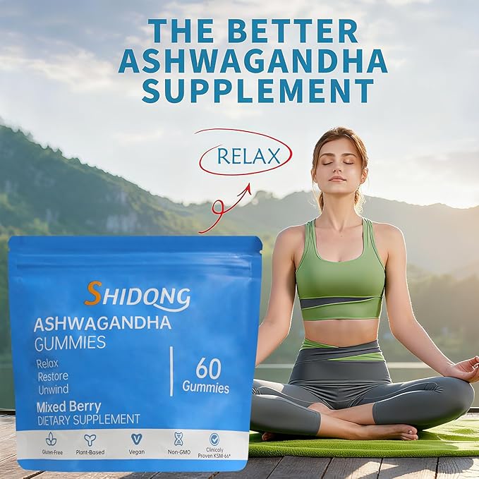 SHIDONG Ashwagandha &amp Vitamin D Gummy - 60 Count - Mixed Berry KSM-66 Plant Based Gluten-Free &amp Gelatin Free Relax. Restore. Unwind Pack of 1
