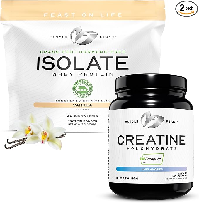 Muscle Feast Creatine + Isolate Bundle: 1 Creatine Powder (Unflavored 2lb) + 1 Whey Protein Isolate (Vanilla 2lb) | Premium Supplements Vegetarian Gluten Free