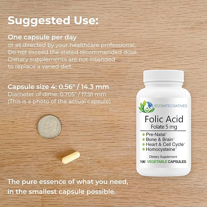 Folic Acid Folate 5mg (B9) Prenatal Reproductive Health Homocysteine Metabolism Cardiovascular Bone Immune Support Allergen Free Non GMO - 100 Vegan Capsules