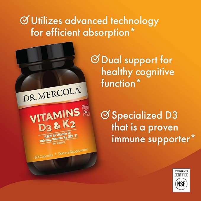 Dr. Mercola Vitamins D3 &amp K2 - Supports Immune Brain Cardiovascular Respiratory &amp Bone Health - GMO-Free Gluten-Free &amp Soy-Free - 90 Capsules (90 Servings)