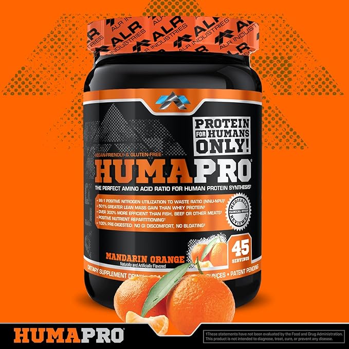 Humapro | Amino Acids Protein Matrix for Humans | 99% Utilization for Lean Muscle | Vegan Gluten Free | 334g / 45 Servings (Mandarin Orange)