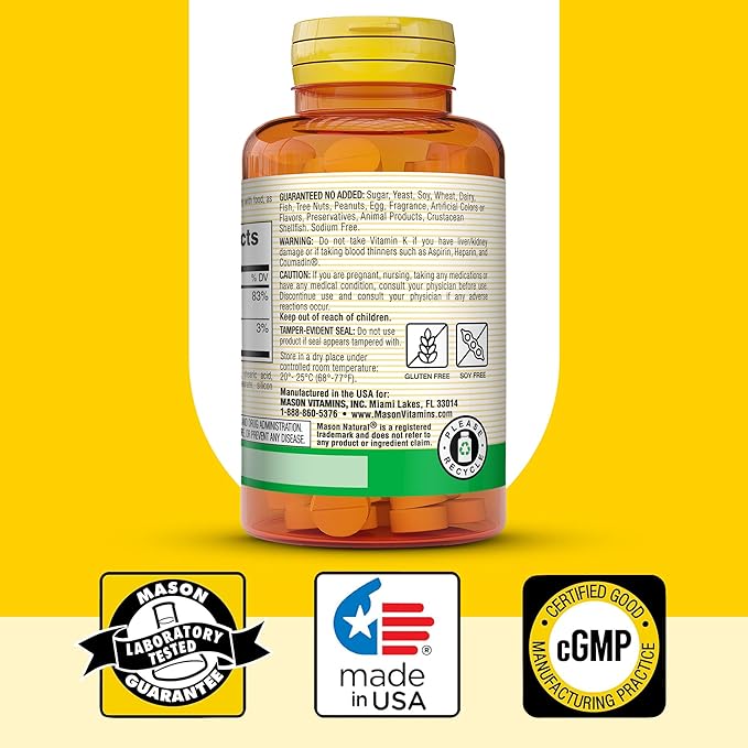 MASON NATURAL Vitamin K2 100 mcg with Calcium Supports Bone Heart &amp Muscle Health 100 Tablets Pack of 3