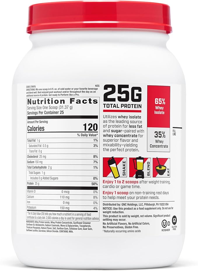GNC Pro Performance 100% Whey Protein Powder Fast Absorbing Protein Muscle Strength and Recovery Banana Cream 25 Servings
