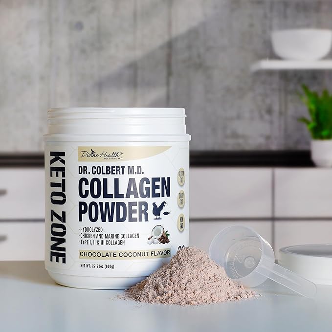 Dr. Colbert MD Hydrolyzed Collagen Powder | Chocolate Coconut Flavor | by Divine Health | Type I II III Collagen | Support Healthy Hair Skin Nails and Joints | Keto Zone | 630g | 30 Servings