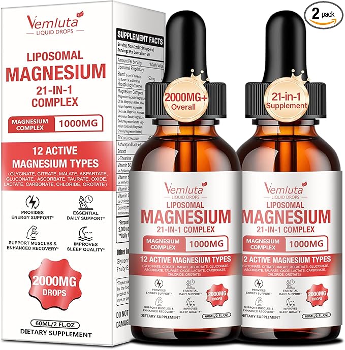 2 Packs 21-in-1 Liposomal 12 Active Magnesium Complex 2000MG+ Liquid Drops - with Magnesium GlycinateCitrate etc Ashwagandha &amp L-TheanineCoQ10 for Mood MuscleHeart &amp Relaxation Nerve* Sup