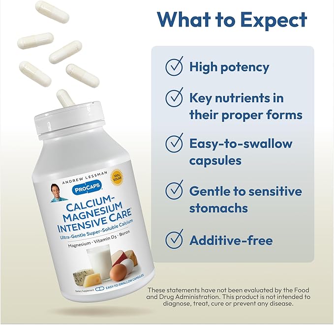 ANDREW LESSMAN Calcium Magnesium Intensive Care 180 Capsules - Bone and Skeleton Health Essentials. Easy to Swallow Capsules Super Soluble Fine Powder. Gentle to Even The Most Sensitive Stomachs