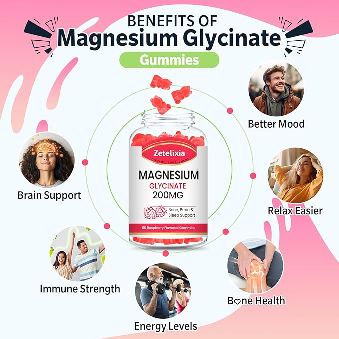 200MG Magnesium Glycinate Gummies High Absorption Magnesium Glycinate Supplements for Relaxation Raspberry Flavor 2 Pack 120 Count