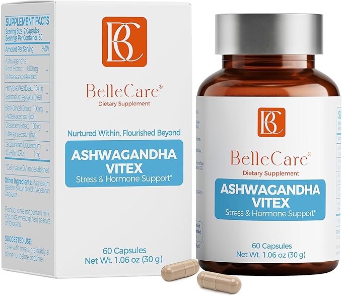 BELLECARE Hormone Balance Capsules for Women Cortisol Supplements Female Menopause Supplement with Ashwagandha 600mg Per ServingChaste BerryBlack Cohosh for Stress Mood Sleep Support60 Count