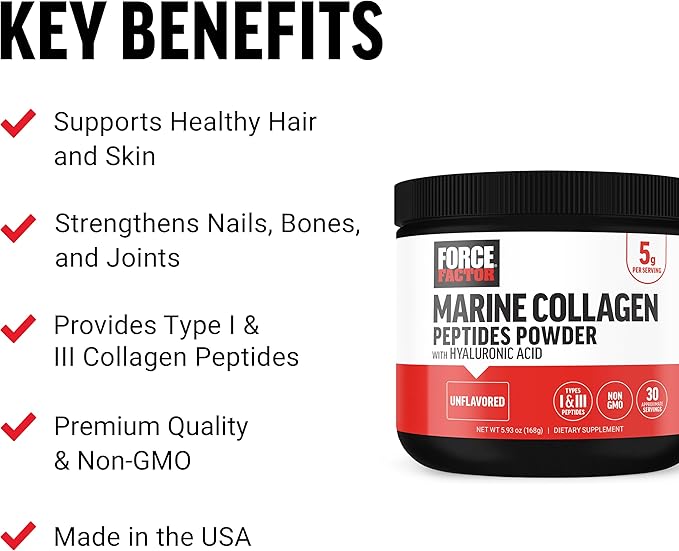 Force Factor Marine Collagen Powder for Women and Men Marine Collagen Peptides Type I &amp III with Hyaluronic Acid to Support Healthy Hair Skin Nails Bones and Joints Unflavored 30 Servings