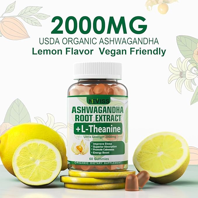 NEVISS Ashwagandha Gummies 2000mg Feel Refreshed Plus Proprietary Blend Vegan Iron Gummies Supplement with Vitamin C B12 Folate &amp Turmeric - Energy &amp Immune Health