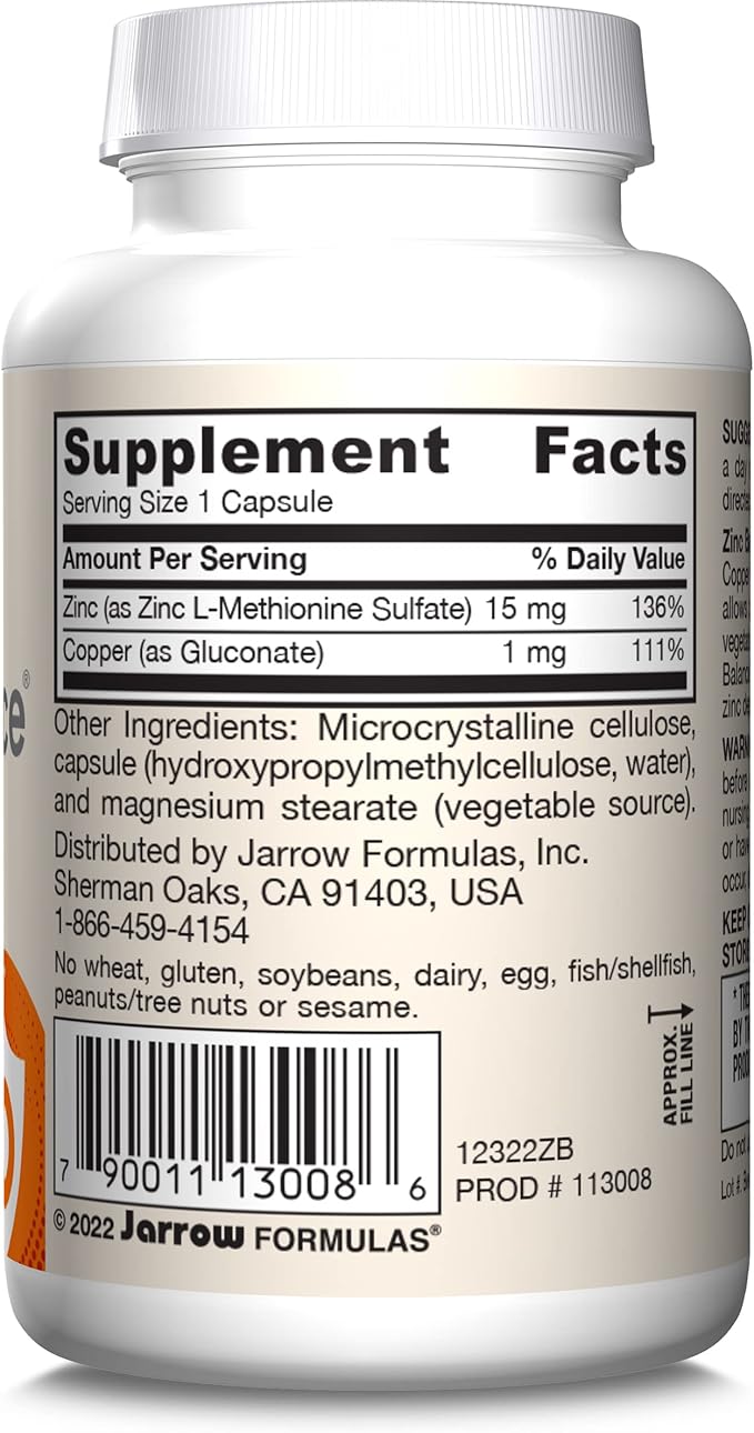 Jarrow Formulas Zinc Balance 15 mg - 100 Servings (Veggie Caps) Includes Copper Essential Mineral for Immune System Support - Immune Support Supp - Gluten Free Zinc Copper Supp - Vegan Pack of 12