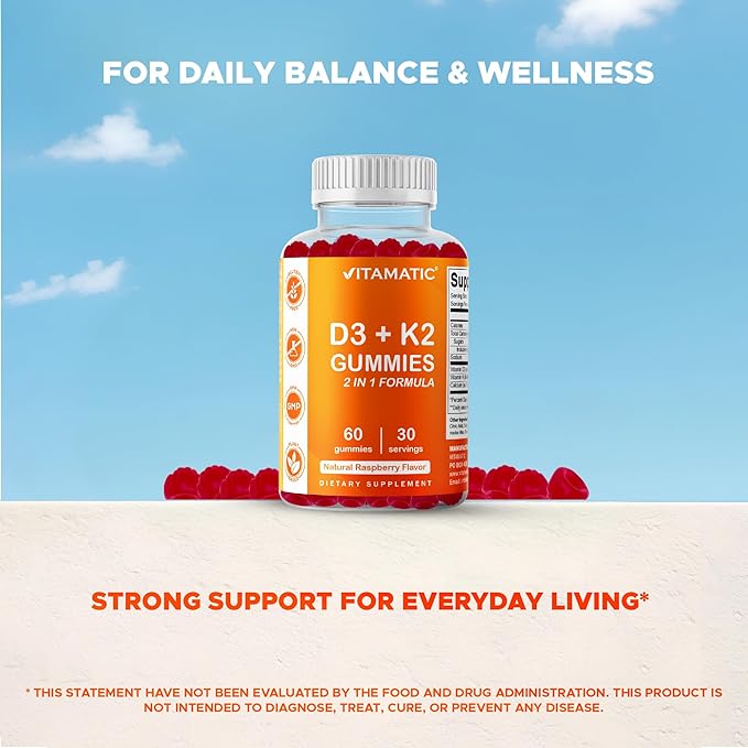 Vitamatic Vitamin D3 &amp K2 Gummies (2-Pack 60 Count) Supports Healthy Bones Heart Health Calcium Absorption and Immune Function Plant-Based Non-GMO Gluten-Free