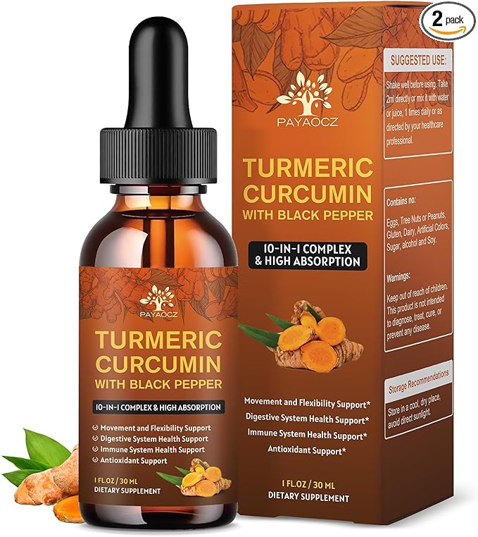 (2 Pack) Organic Turmeric Curcumin Supplement with Black Pepper and Ginger - Liquid Turmeric Extract Drops (with Cinnamon Rosemary) - Mobility and Flexibility Support and Digestive Health - 1 Fl Oz