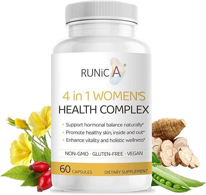 4-in-1 Women’s Hormonal Balance Complex Supplement | Rosehip Pueraria &amp Evening Primrose with Soy Isoflavones | Menstrual Cycle Menopause Energy Level &amp Healthy Skin Support