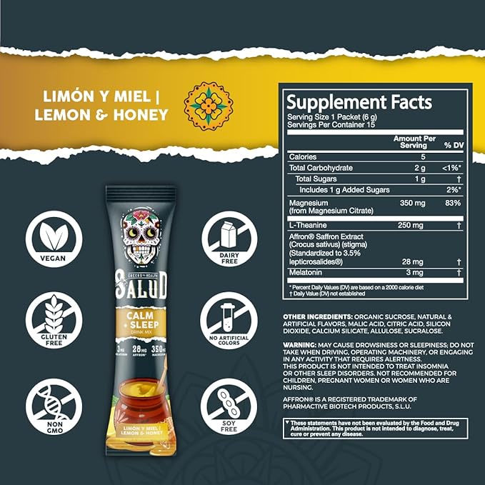 Salud 2-in-1 Sleep Aid + Calm Drink Mix Punch Ponche Flavor Melatonin Magnesium Saffron Extract L-Theanine Non-GMO Gluten Free Vegan Low Calorie 1g of Sugar (15 Servings)