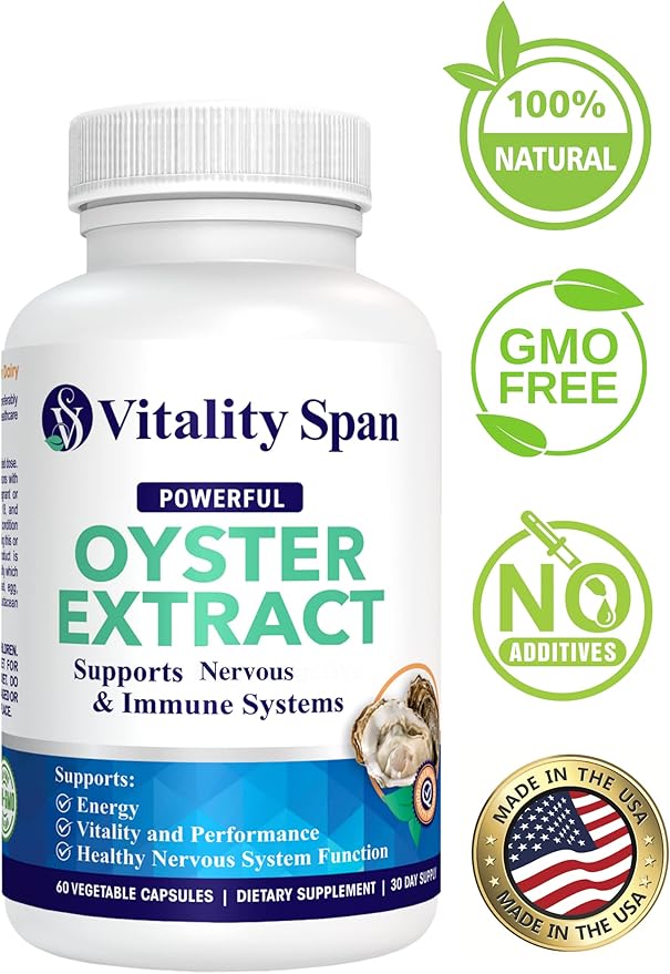 Oyster Extract - Pure Highly Concentrated Supplement for Men &amp Women – Supports Energy &amp Immune Boost Zinc Taurine Amino Acids and Vitamins 500 mg 60 Veg Capsules Made in USA