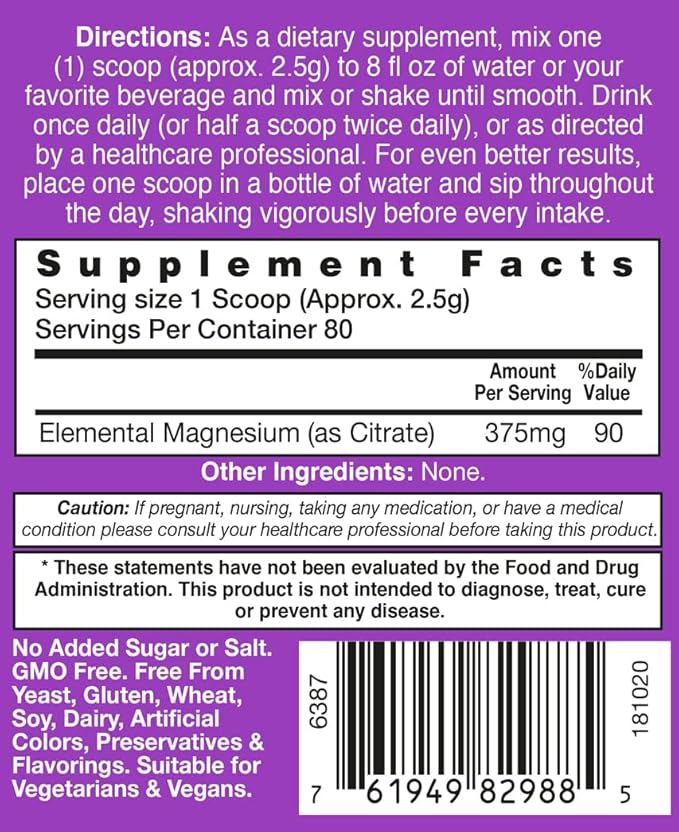 Magnesium Citrate Powder – 200g (Approx. 80 Servings) | High Absorption Magnesium for Muscle Nerve &amp Electrolyte Support – Unflavored Easy Mix