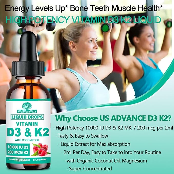 2 Pack D3 K2 Vitamin 10000iu Liquid Drop Vitamin D3 With K2 (MK-7)200mcg Coconut Oil 6X Stronger Than D3 K2 Sofegels Magnesium Zinc for Absorption -K2 D3 Supplement for Joint Teeth &amp Bone Healt