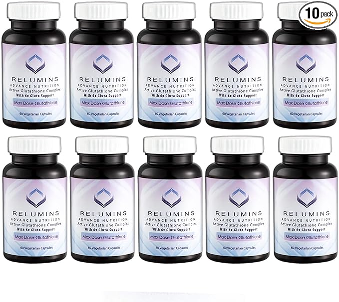 Relumins Advance White Active Glutathione Complex - Max Dose 900mg Glutathione with 6X Boosters ALA &amp NAC - Spring Glow Essentials Anti-Aging &amp Skin Brightening Supplement - 60 Caps x 10 Bott