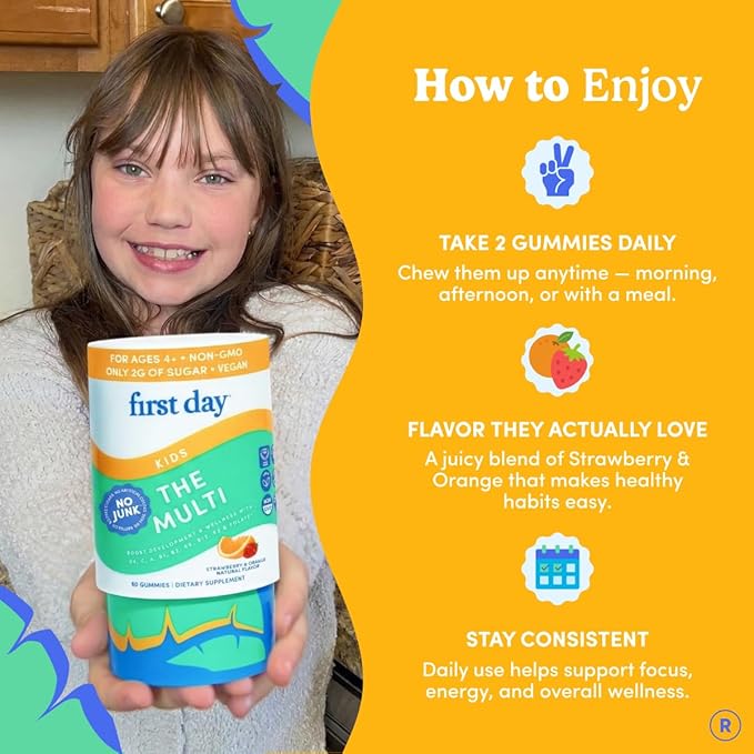 First Day Kids Multivitamin Gummies Age 4+ Strawberry &amp Orange - Kids Vitamins Multivitamin Gummy A C D3 K2 B1 B2 B6 B12 Folate Immunity &amp Brain Function Vegan - 30 Day Supply Packaging Ma