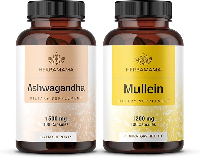 HERBAMAMA Ashwagandha and Mullein Kit - Bundle of 1500 mg Ashwagandha Root &amp 1200 mg Mullein Leaf Capsules 100 Caps - Vegan Non-GMO Sugar &amp Alcohol-Free - 2 Pack