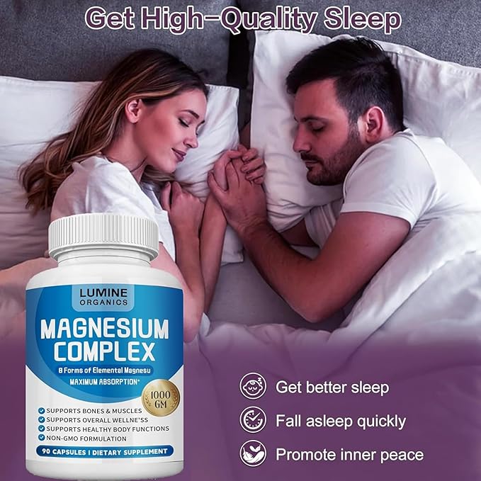 1PCSLumine Organics Magnesium Complex Supplement 1000mg - Advanced 8-in-1 Magnesium Blend - Glycinate Citrate Malate Taurate etc.– High Absorption Formula – Non-GMO 90 Capsules (1B)