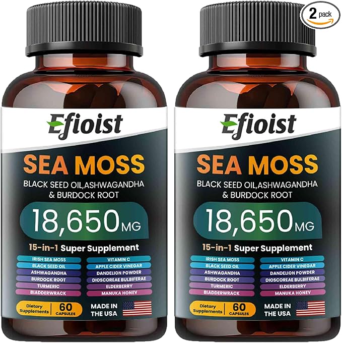 Sea Moss 6000mg Black Seed Oil 4000mg Ashwagandha 2000mg &amp Burdock Root/Turmeric/Bladderwrack 18650mg Sea Moss Supplement Seamoss Black Seed Oil Ashwagandha Ginger 120 Count