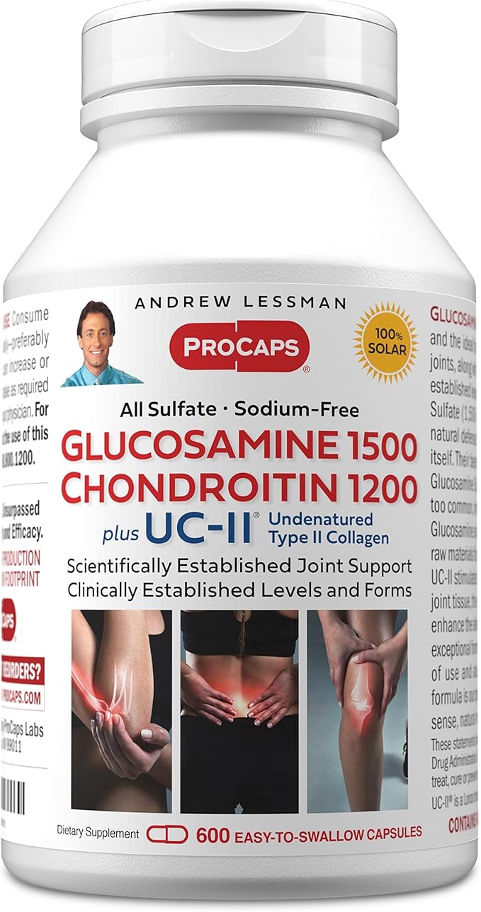 Andrew Lessman Glucosamine Chondroitin + UC-II – 600 Capsules – 100% Sulfate Form Research Established Ingredients and Levels for Support of Healthy Joint Tissue. Small Easy to Swallow Capsules
