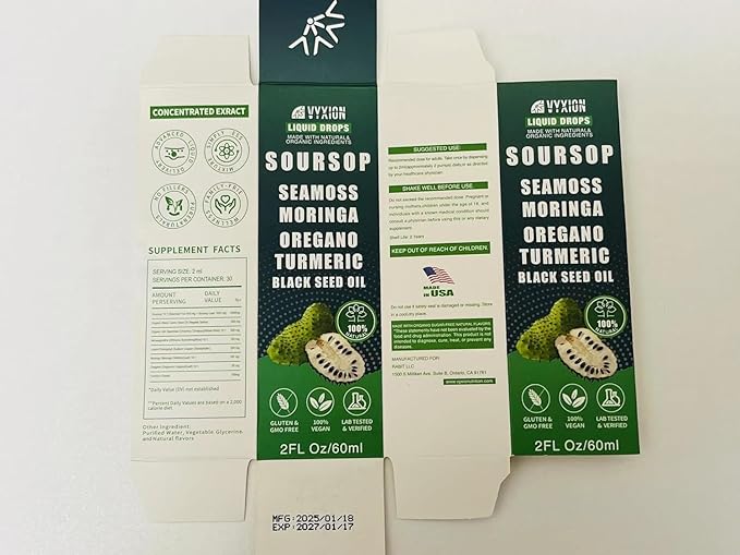 Vyxion Soursop Bitters Liquid Drops 10 in 1 with Sea Moss Moringa Turmeric Black Seed Oil Oregano Ashwagandha | Herbal Extracts for Overall Health-Enhancing |Vegan Non-GMO| 4 Fl Oz
