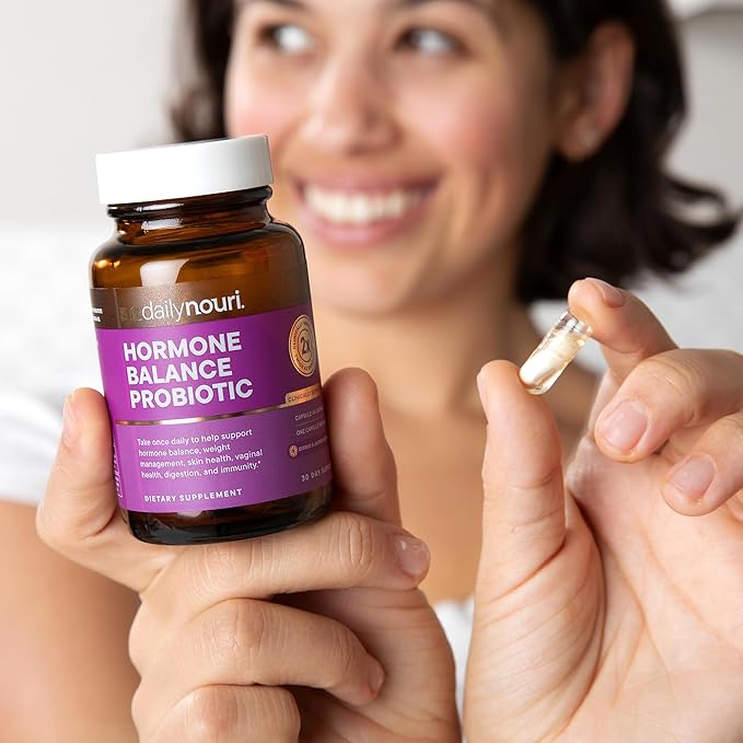 Daily Nouri Hormone Balance Probiotics for Women | Hormone Balance for Women | PMS Hormonal Acne &amp Bloating Support | 7 Clinically Studied Strains + Omega | 30-Day Supply