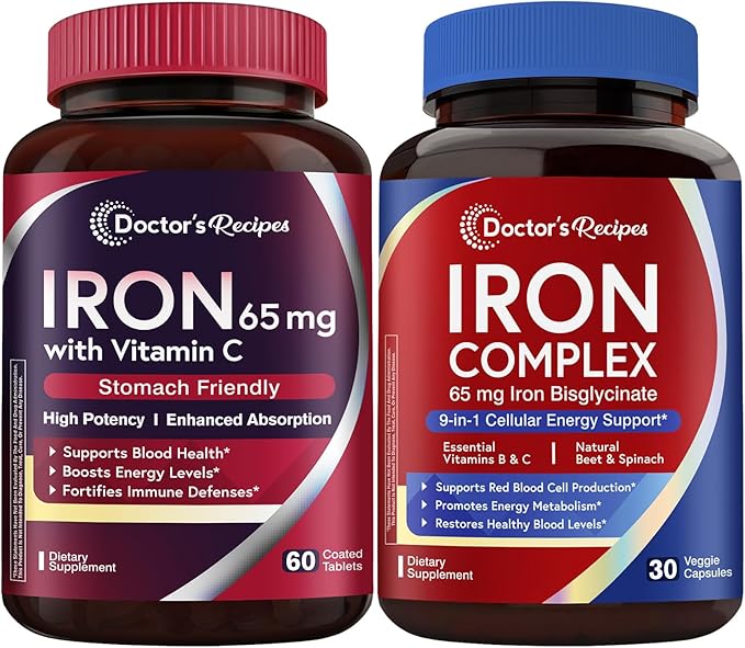 Doctor's Recipes Iron 65 mg &amp Iron Complex Bundle Energy Production &amp Blood Health Stomach Friendly Iron Tablets 60 ct &amp Iron Capsules 30 ct