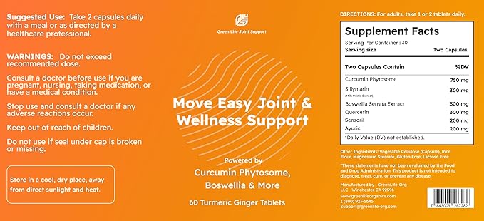 Move Easy Joint Support Supplement Turmeric Curcumin with Boswellia and Silymarin 60 Tablets