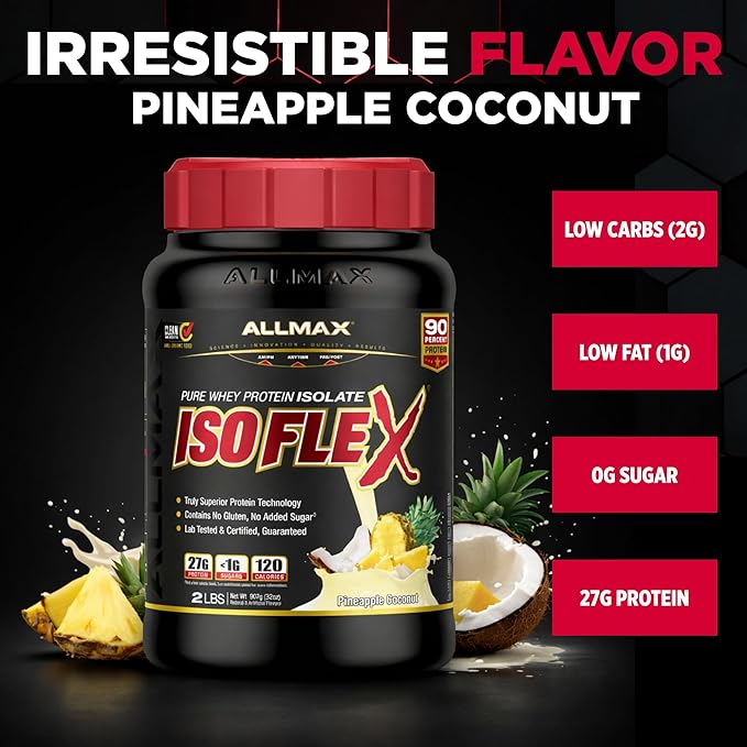 ALLMAX ISOFLEX Pure Whey Isolate Protein Powder - Gluten Free Low Lactose Sugar-Free - High-Protein Clean Keto-Friendly Pre Post Workout Supplement for Women and Men | Pineapple Coconut 2lb