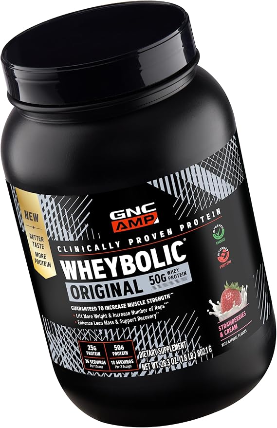 GNC AMP Wheybolic Clinically Proven Protein Powder 50g Whey Protein BCAA Leucine Increases Muscle Strength Muscle Building 3rd Party Tested Gluten Free Strawberries &amp Cream 13 Servings