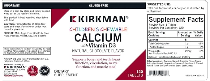 Children's Chewable Calcium with Vitamin D3 Natural Chocolate 120 Tablets Kirkman Labs