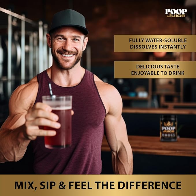 Poop Juice 5-in-1 Daily Fiber Supplement Powder - Bloat &amp Poop Relief - Prebiotic Probiotic Postbiotic Digestive Enzymes L-Glutamine - GLP-1 Support - Sugar-Free Strawberry Lemonade (30 Servin