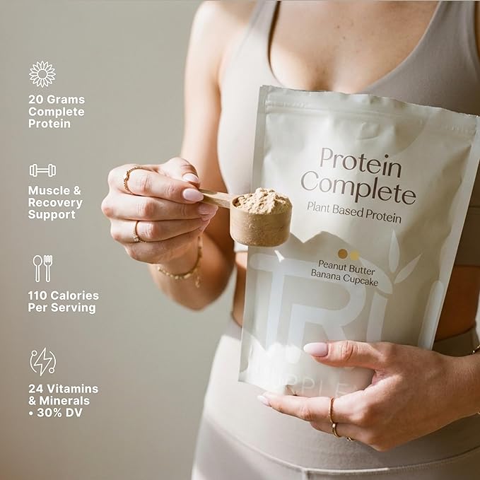 TRU Plant Based Protein Powder BCAA EAA 20g Vegan Brown Rice &amp Pea Protein 100 Calories 27 Vitamins No Artificial Flavors 25 Servings (Peanut Butter Banana Cupcake)