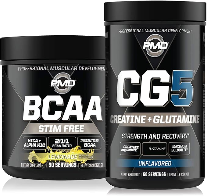 PMD Sports CG5 - Premium Creatine and L-Glutamine Powder (60 Servings) &amp PMD Sports BCAA Stim Free Amino Acids for Enhanced Recovery - Lemonade (30 Servings)