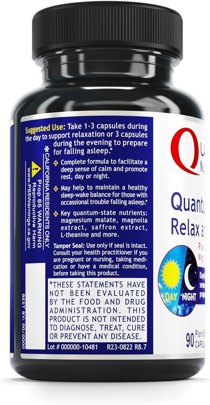 Quantum Nutrition Labs Quantum Relax and Slumber - Sleep Supplement with Magnesium Malate &amp L-Theanine Natural Calm Complex with Lemon Balm &amp Valerian Root for Women &amp Men - 90 Capsules